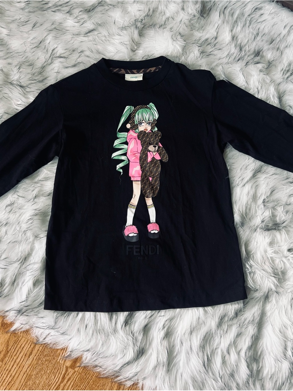 Fendi Black Long-Sleeve Tee with Pink & Mint Graphic